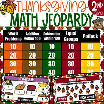 Preview of 2nd Grade Math Thanksgiving Jeopardy Review Game (EDITABLE)
