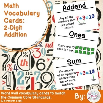 Preview of 2nd Grade Math Vocabulary Cards: 2-Digit Addition (Large)