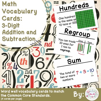 Preview of 2nd Grade Math Vocabulary Cards: 3-Digit Addition and Subtraction