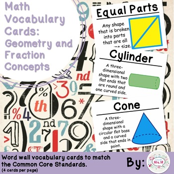 Preview of 2nd Grade Math Vocabulary Cards: Geometry and Fraction Concepts