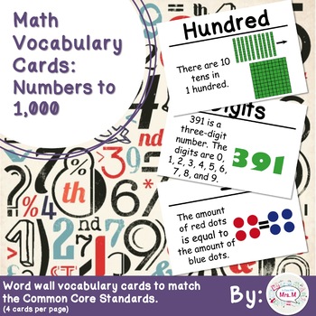 Preview of 2nd Grade Math Vocabulary Cards: Numbers to 1,000