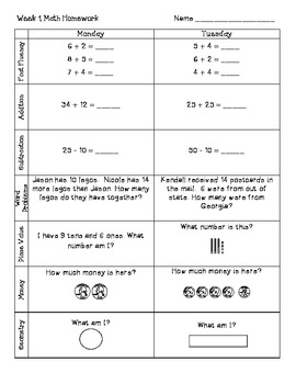 Preview of 2nd Grade Math Weekly Homework Week 1
