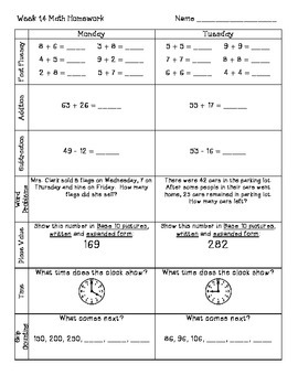 2nd Grade Math Weekly Homework Week 14 by Coaching thru Math | TpT