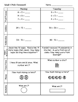 Preview of 2nd Grade Math Weekly Homework Weeks 1-36