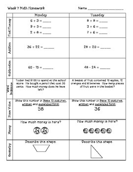 Preview of 2nd Grade Math Weekly Homework Weeks 7-12