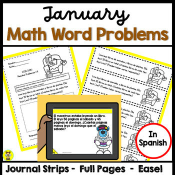 Preview of 2nd Grade Math Word Problems January in Spanish CCSS 2.OA.1 Problemas Enero
