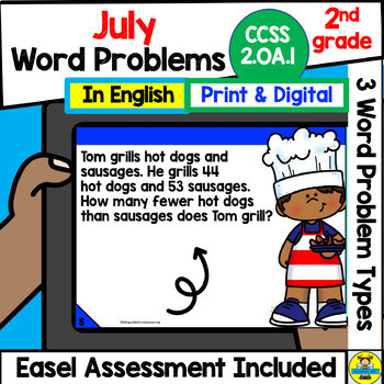 Preview of 2nd Grade Math Word Problems for July in English CCSS 2.OA.1