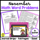 2nd Grade Math Word Problems for November in Spanish CCSS 2.OA.1