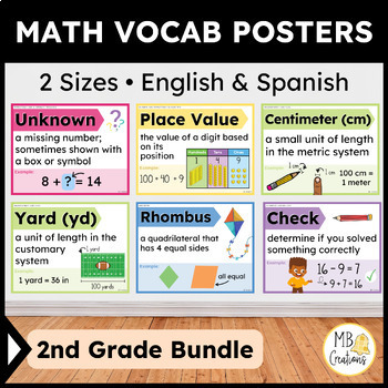 Preview of 2nd Grade Math Word Wall Posters English/Spanish CCSS Vocabulary + iReady Banner