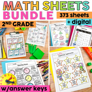 Preview of Math Worksheets Bundle - 2nd Grade Math Review, Morning Work, Packets, Fun Work