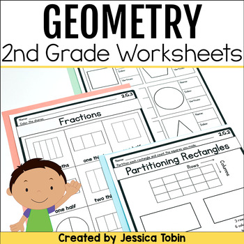 Preview of 2D Shapes 3D Shapes Worksheets, Fractions, Partitioning 2nd Grade Geometry