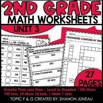 Preview of Greater than Less Than 100, 10, 1 More Less 2nd Grade Math Worksheets Comparing