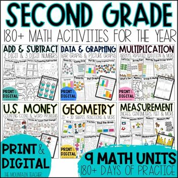 Preview of 2nd Grade Math Worksheets and Lessons YEAR BUNDLE Print and Digital