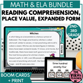 Preview of 2nd Grade Math and ELA Reading Halloween Escape Room Activity Boom Cards™ Bundle