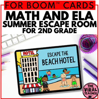 Preview of 2nd Grade Math and ELA Review Summer Escape Room Activity Boom™ Cards