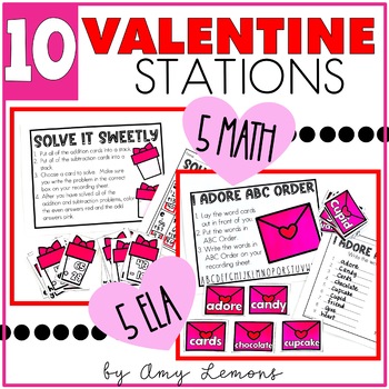 Preview of Valentine's Day Math and Literacy Centers -10  February Math Stations