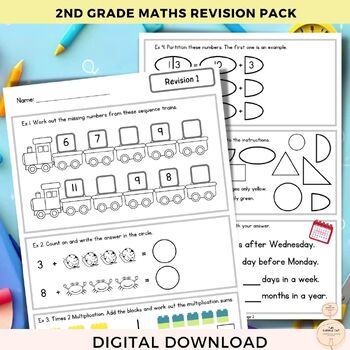 Preview of 2nd Grade Maths Revision Worksheets, Maths Mixed Exercises Summer Work