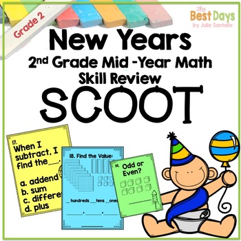 Preview of 2nd Grade Mid Year Math Review Scoot:  New Years Themed
