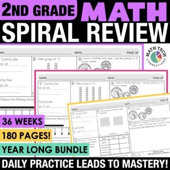 Preview of 2nd Grade Math Spiral Review Morning Work Worksheets, Homework, Math Test Prep