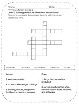 Arne Lav et navn omfatte 2nd Grade My View Literacy: 4.2 Building on Nature Vocabulary Crossword  Puzzle