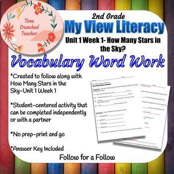 Preview of 2nd Grade My View Literacy: Unit 1 Wk 1-How Many Stars Vocab Work & Answer Key