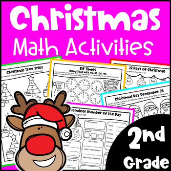 Preview of 2nd Grade NO PREP Christmas Math Worksheets - Fun Activities Packet w/ Digital
