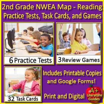 Preview of 2nd Grade NWEA Map Reading Test Prep Practice Tests, Task Cards, and Games