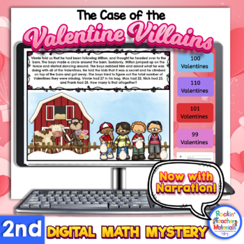 Preview of 2nd Grade Narrated Digital Valentine Villains Math Mystery Math Story Problems