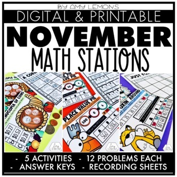 Preview of 2nd Grade November NO PREP Math Centers for Fall | Thanksgiving Math Activities