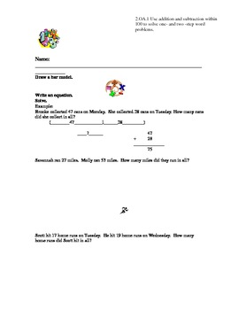 Preview of 2nd Grade One Step Two-Digit Addition Word Problems Common Core
