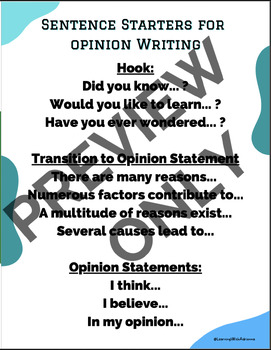 Preview of 2nd Grade Opinion Writing Checklist and Sentence Starters