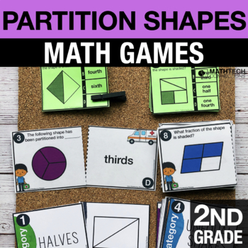 Preview of 2nd Grade Partitioning Shapes into Equal Shapes Math Review Task Cards 2.G.3