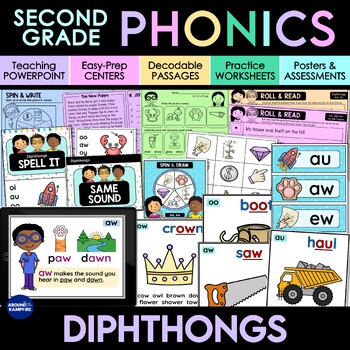 Preview of Diphthongs Activities, Centers, Decodable Passages, Worksheets & PowerPoint