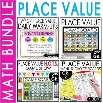 Preview of 2nd Grade Place Value Games, Warm Ups, Choice Board Critical Thinking Activities