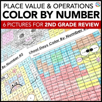 Preview of 2nd Grade Place Value Worksheets Color by Number Mystery Pictures for Math
