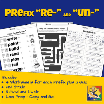 Preview of 2nd Grade Prefixes "re-" and "un-" Worksheets and Word Work Cards