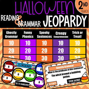 Preview of 2nd Grade Reading & Grammar Halloween Jeopardy Review Game (EDITABLE)