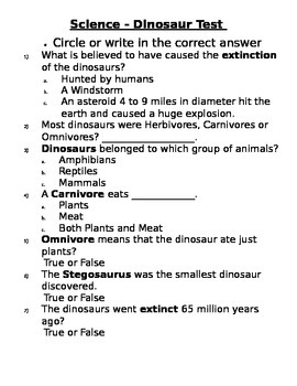 Preview of 2nd Grade Science - Dinosaur Test