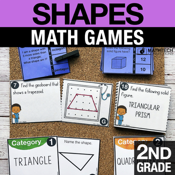 Preview of 2nd Grade Math Centers 2D & 3D Shapes Math Review Games, Task Cards 2.G.1