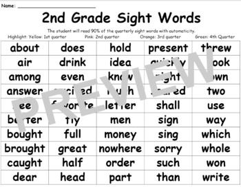 6th grade sight word assessment