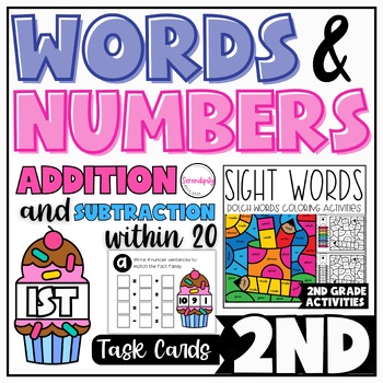 Preview of 2nd Grade Sight Words + Arithmetic No Prep Coloring Activities and Task Cards
