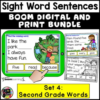 Preview of 2nd Grade Sight Words Sentences | Digital Boom Cards and PRINT Task Card BUNDLE