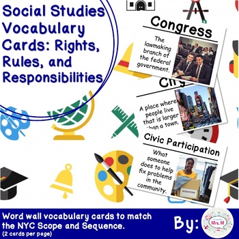 Preview of 2nd Grade Social Studies Vocab Cards: Rights, Rules, and Responsibilities (L)
