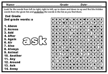 2nd grade spelling words word search worksheets year long no prep sub plans