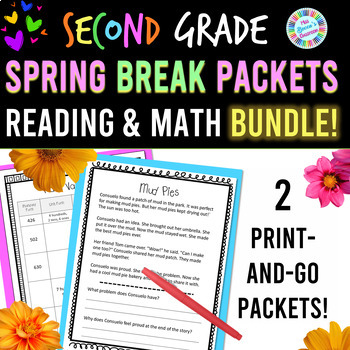 Preview of 2nd Grade Spring Break Packet BUNDLE | Reading and Math Packets | No Prep