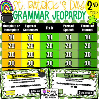 Preview of 2nd Grade St. Patrick's Day Grammar Jeopardy Review Game [EDITABLE]
