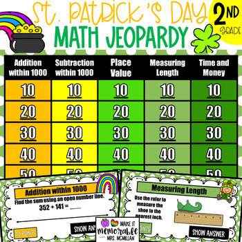 Preview of 2nd Grade St. Patrick's Day Math Jeopardy Review Game [EDITABLE]