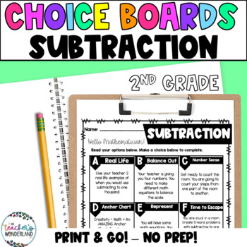 Preview of 2nd Grade- Subtraction Math Menus - Choice Boards and Activities
