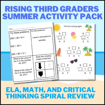 Preview of 2nd Grade Summer Review Pack ELA, Math, Critical Thinking  Rising 3rd Graders