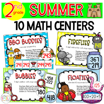 Preview of 2nd Grade Summer Fun Theme Math Centers Stations Task Cards Games